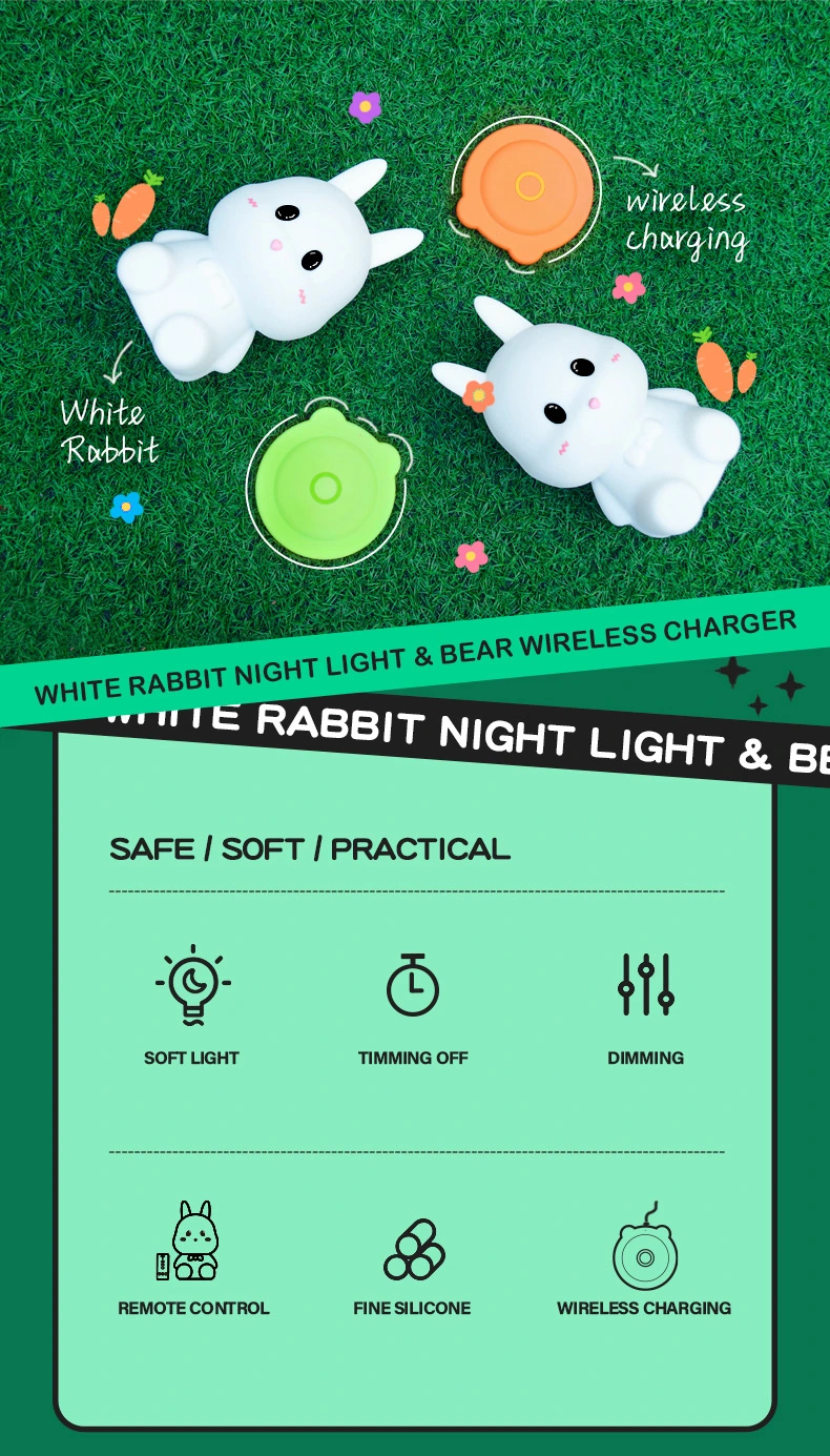 Creative Bedroom LED Small Payellowrol Night Light Bunny Lamp for Black Eco-Friendly Color Box Silicone Rabbit 40 60 Null DC 6V